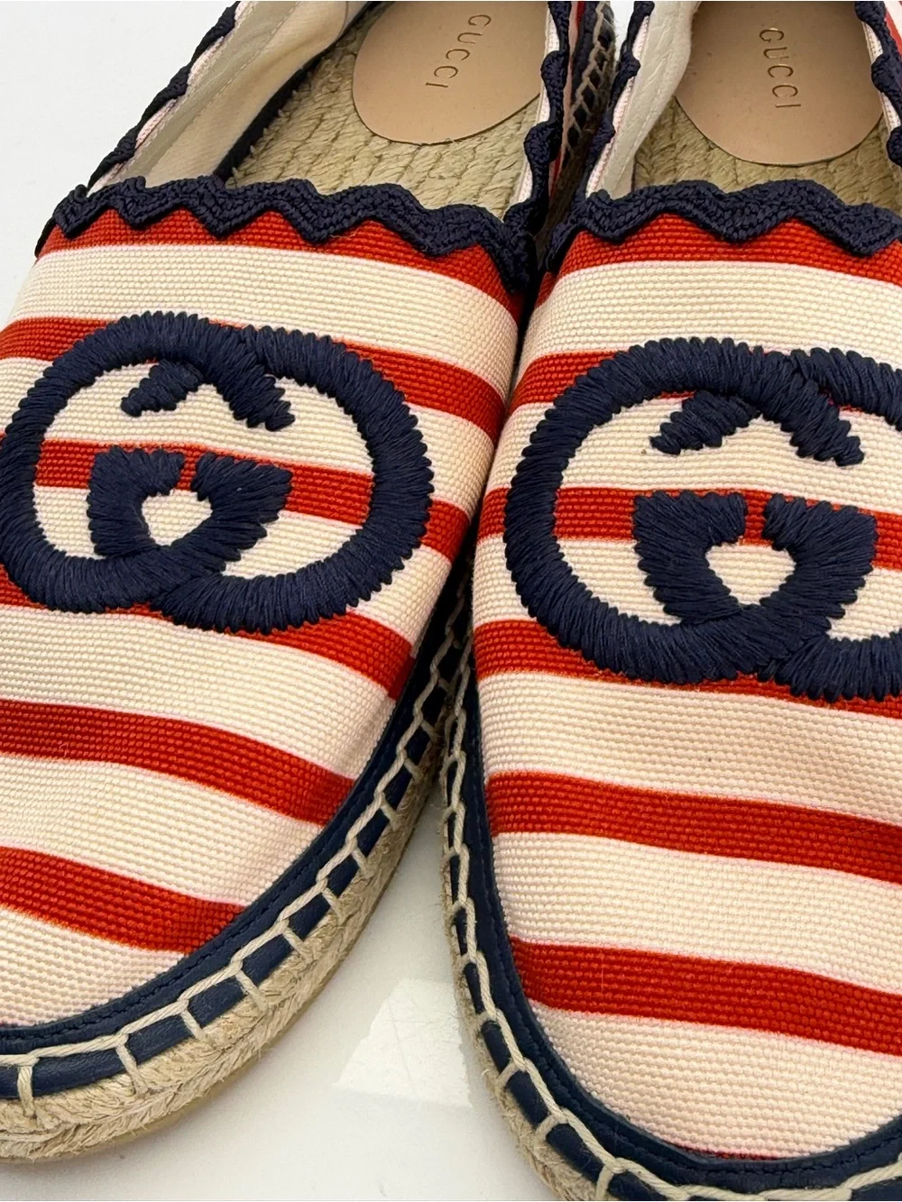 Gucci Cotton Gg Striped Red and Cream Espadrille Slip-On Shoes NEW